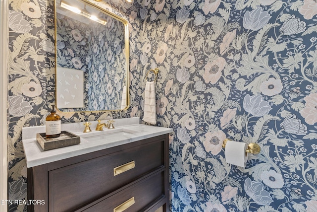 200 Stony Rock Ln, Jacksboro, TN 37757 - half bathroom featuring wallpapered walls and vanity
