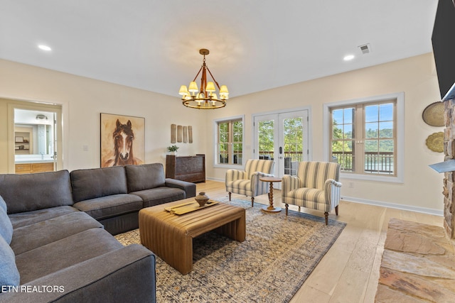 200 Stony Rock Ln, Jacksboro, TN 37757 - living area with a chandelier, light wood-style floors, recessed lighting, and french doors