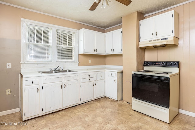 204 Hillview Ave, Knoxville, TN 37914 - kitchen featuring white range with electric stovetop, under cabinet range hood, white cabinets, a textured ceiling, and crown molding