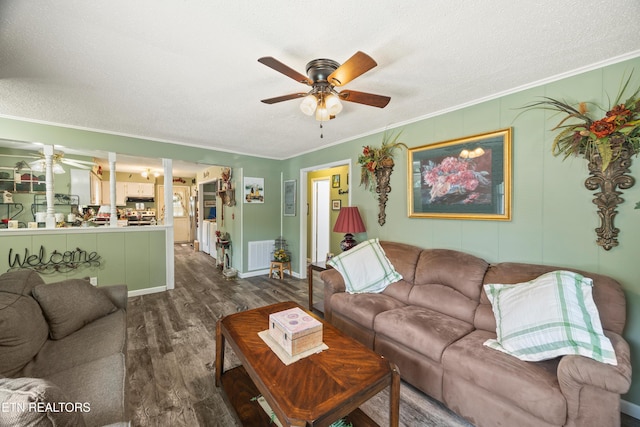 137 Jasper Dr, Crossville, TN 38558 - living area with ceiling fan, crown molding, dark wood finished floors, and a textured ceiling