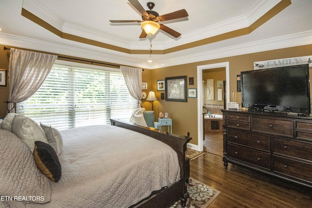 8507 Cloudbreak Ln Unit 4, Knoxville, TN 37938 - bedroom with a tray ceiling, dark wood finished floors, crown molding, and ceiling fan