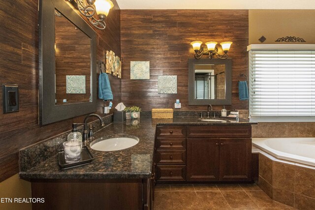 8507 Cloudbreak Ln Unit 4, Knoxville, TN 37938 - bathroom with two vanities, a garden tub, tile patterned flooring, and a chandelier