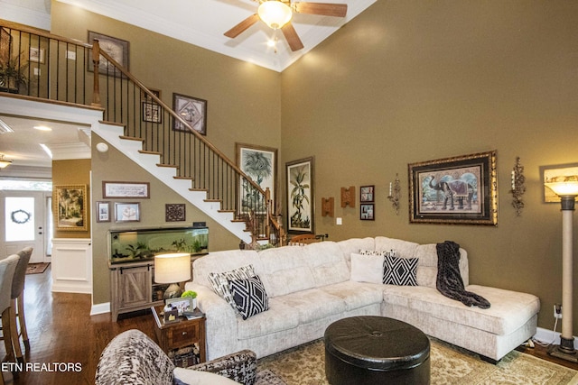 8507 Cloudbreak Ln Unit 4, Knoxville, TN 37938 - living room with ornamental molding, ceiling fan, wood finished floors, stairway, and a high ceiling