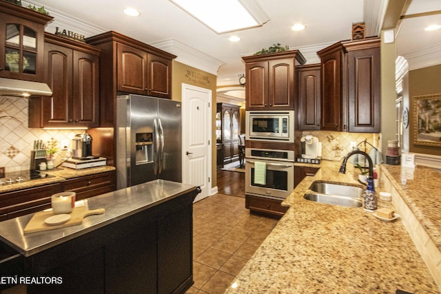 8507 Cloudbreak Ln Unit 4, Knoxville, TN 37938 - kitchen featuring appliances with stainless steel finishes, crown molding, backsplash, dark tile patterned floors, and glass insert cabinets