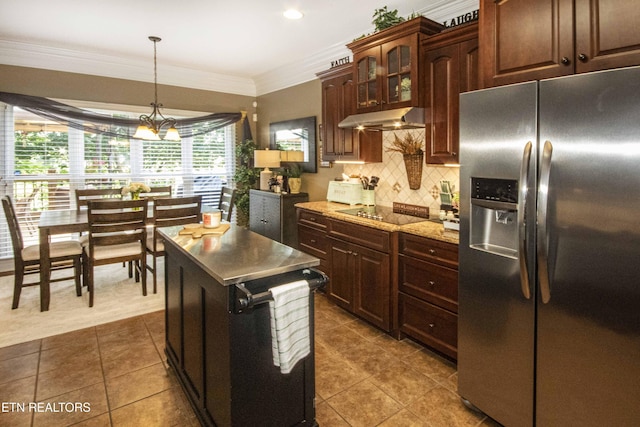 8507 Cloudbreak Ln Unit 4, Knoxville, TN 37938 - kitchen featuring stainless steel refrigerator with ice dispenser, black electric stovetop, under cabinet range hood, ornamental molding, and decorative backsplash