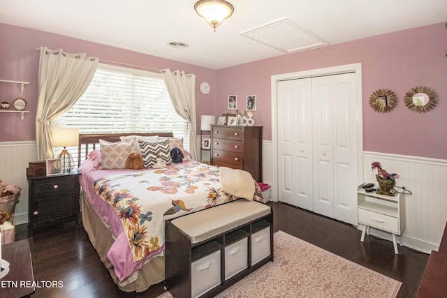 8507 Cloudbreak Ln Unit 4, Knoxville, TN 37938 - bedroom with a wainscoted wall, attic access, wood finished floors, and a closet