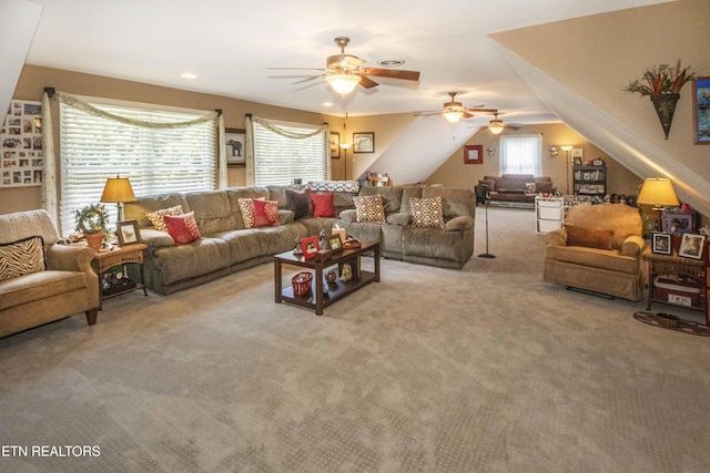 8507 Cloudbreak Ln Unit 4, Knoxville, TN 37938 - living area with ceiling fan, carpet, and vaulted ceiling