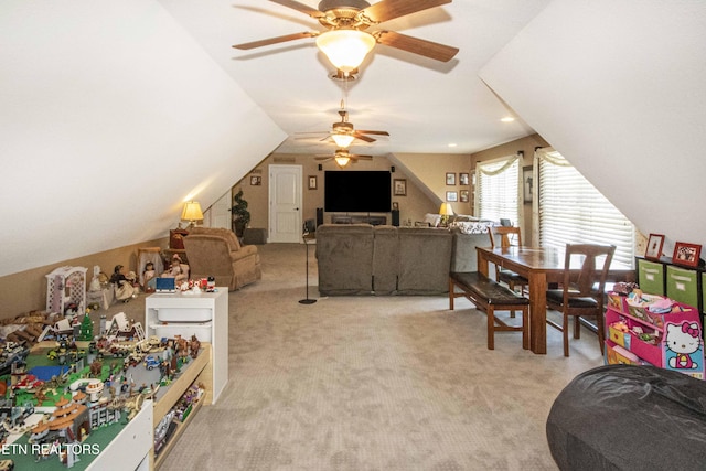 8507 Cloudbreak Ln Unit 4, Knoxville, TN 37938 - living area featuring light colored carpet, a ceiling fan, and lofted ceiling