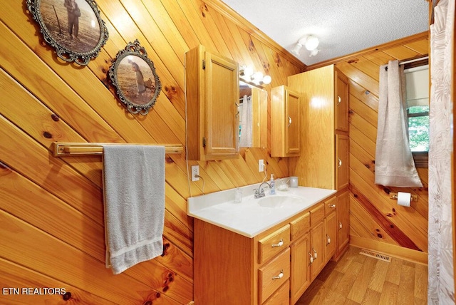 1821 S Nopone Valley Rd, Decatur, TN 37322 - bathroom featuring wood walls, wood finished floors, vanity, and a textured ceiling