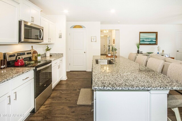 7408 Game Bird St, Corryton, TN 37721 - kitchen with stainless steel appliances, dark wood-style flooring, light stone countertops, a kitchen island with sink, and white cabinetry