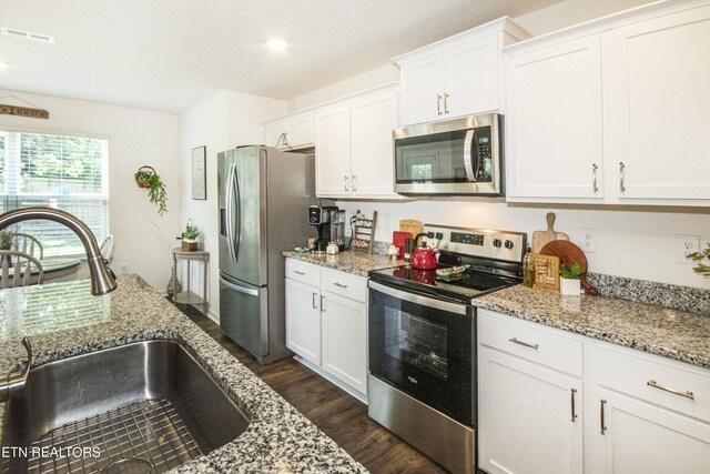 7408 Game Bird St, Corryton, TN 37721 - kitchen with stainless steel appliances, dark wood-style flooring, white cabinets, and light stone counters