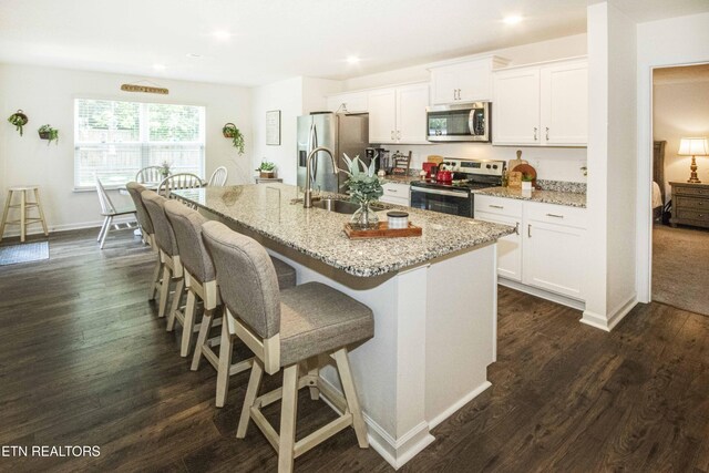 7408 Game Bird St, Corryton, TN 37721 - kitchen featuring stainless steel appliances, a breakfast bar area, white cabinetry, a center island with sink, and light stone countertops