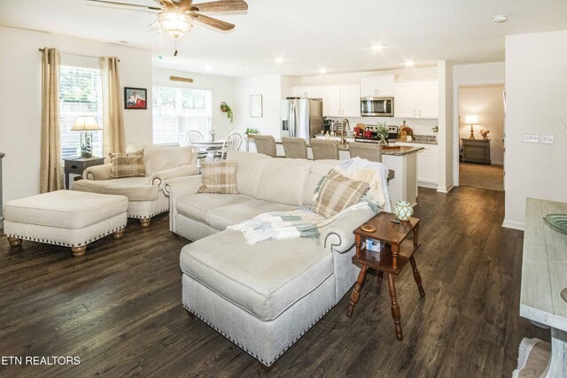 7408 Game Bird St, Corryton, TN 37721 - living room featuring a ceiling fan, dark wood-type flooring, and recessed lighting