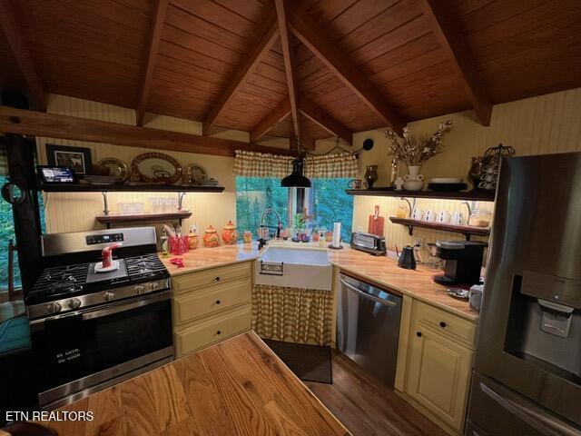 262 Mountain View Dr, Rutledge, TN 37861 - kitchen featuring appliances with stainless steel finishes, open shelves, wood ceiling, light countertops, and wood finished floors