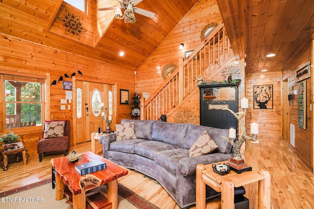 2028 Piney Overlook Ln, Sevierville, TN 37862 - living room featuring wood ceiling, wood walls, wood-type flooring, stairway, and healthy amount of natural light