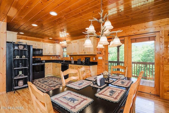 2028 Piney Overlook Ln, Sevierville, TN 37862 - dining area featuring light wood-style floors, recessed lighting, wooden ceiling, and wooden walls