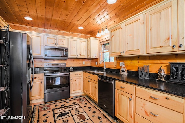 2028 Piney Overlook Ln, Sevierville, TN 37862 - kitchen with stainless steel appliances, wood ceiling, light brown cabinetry, and recessed lighting