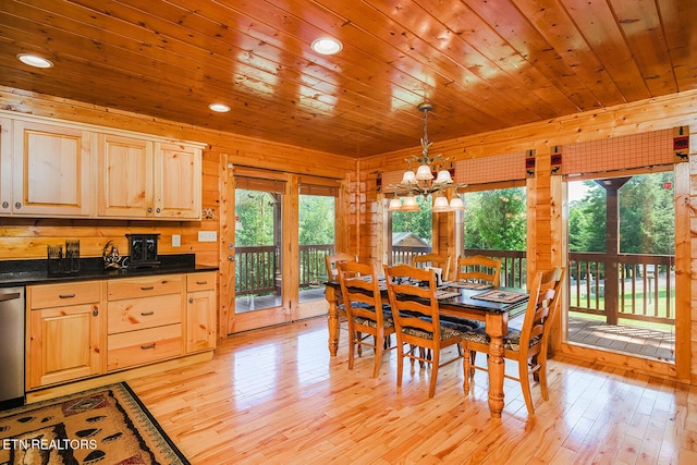 2028 Piney Overlook Ln, Sevierville, TN 37862 - dining room featuring light wood-type flooring, a chandelier, wood ceiling, recessed lighting, and wooden walls