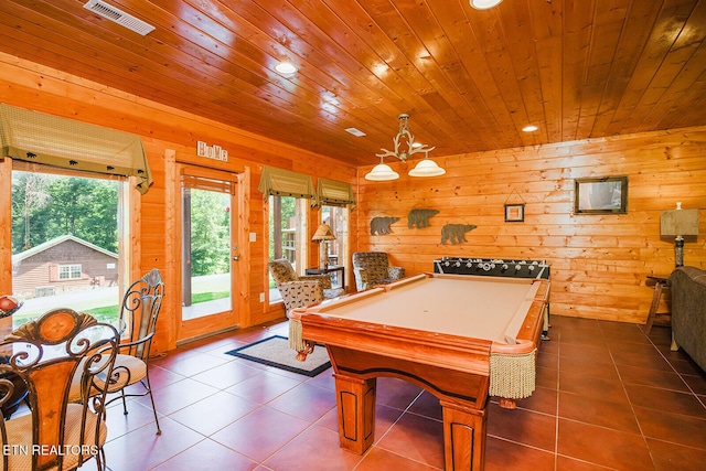 2028 Piney Overlook Ln, Sevierville, TN 37862 - game room featuring dark tile patterned floors, wooden walls, wood ceiling, pool table, and recessed lighting
