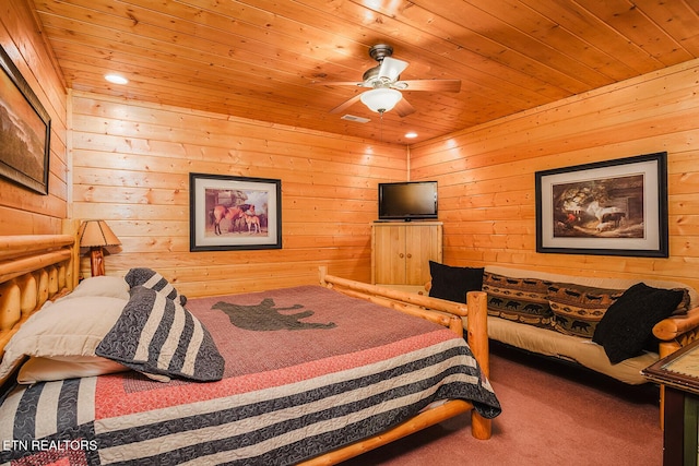 2028 Piney Overlook Ln, Sevierville, TN 37862 - carpeted bedroom featuring wooden ceiling, wooden walls, ceiling fan, and recessed lighting