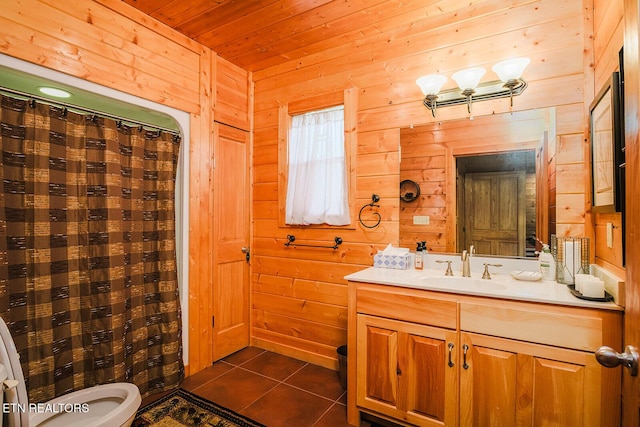 2028 Piney Overlook Ln, Sevierville, TN 37862 - full bathroom featuring wood ceiling, wood walls, tile patterned floors, and vanity