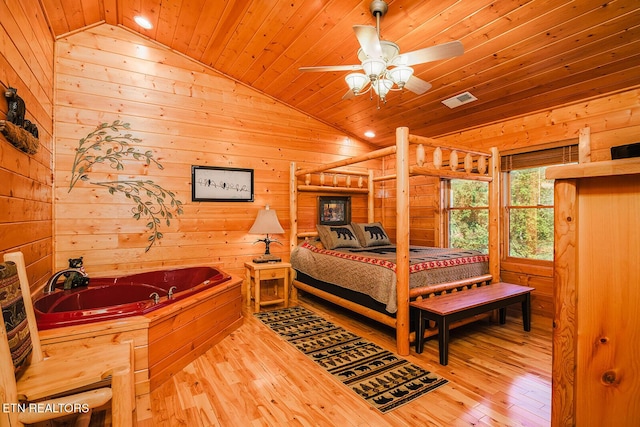 2028 Piney Overlook Ln, Sevierville, TN 37862 - bedroom featuring lofted ceiling, wood ceiling, wood walls, and hardwood / wood-style flooring