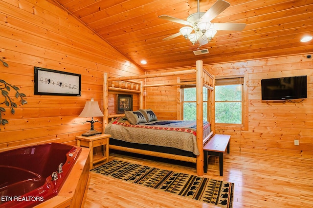 2028 Piney Overlook Ln, Sevierville, TN 37862 - bedroom with wood ceiling, vaulted ceiling, hardwood / wood-style flooring, and wooden walls