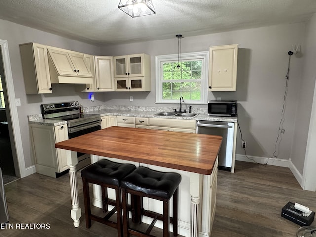 115 Red Oak Ln, New Tazewell, TN 37825 - kitchen with butcher block countertops, appliances with stainless steel finishes, dark wood-style floors, a textured ceiling, and glass insert cabinets