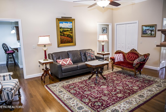 520 Wimberly Rd, Crossville, TN 38558 - living area featuring wood finished floors, a ceiling fan, and ornamental molding