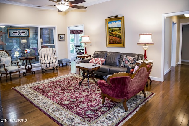 520 Wimberly Rd, Crossville, TN 38558 - living room with ornamental molding, a ceiling fan, and hardwood / wood-style floors
