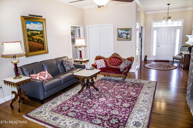 520 Wimberly Rd, Crossville, TN 38558 - living area with crown molding, wood finished floors, and a chandelier