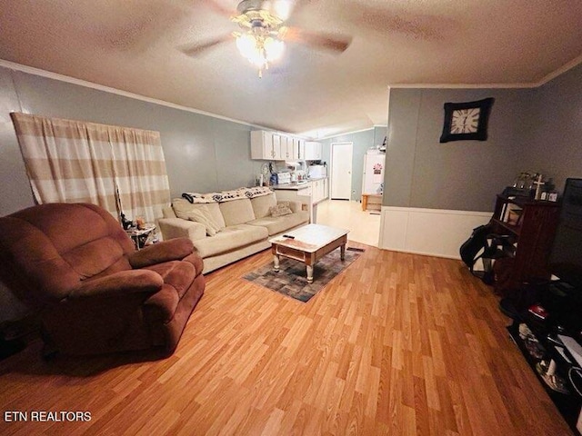 181 Claude Hargis Ln, Crawford, TN 38554 - living room featuring light wood-style flooring, ornamental molding, ceiling fan, a textured ceiling, and a decorative wall