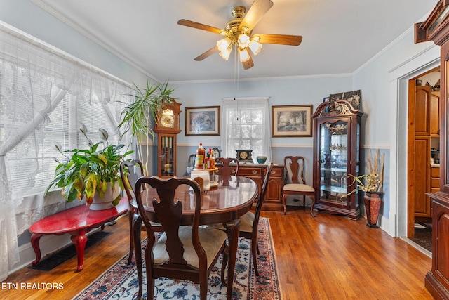 313 Locust St, Englewood, TN 37329 - dining area with ceiling fan, ornamental molding, wood finished floors, and wainscoting