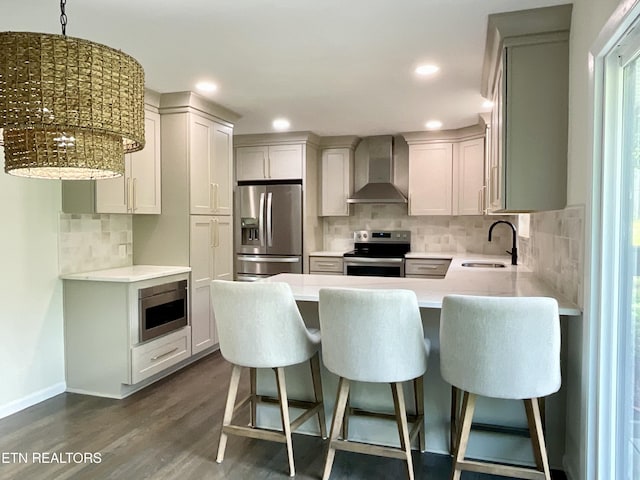 233 Chaho Rd Unit 3, Knoxville, TN 37934 - kitchen featuring wall chimney exhaust hood, stainless steel appliances, a peninsula, dark wood-style floors, and tasteful backsplash