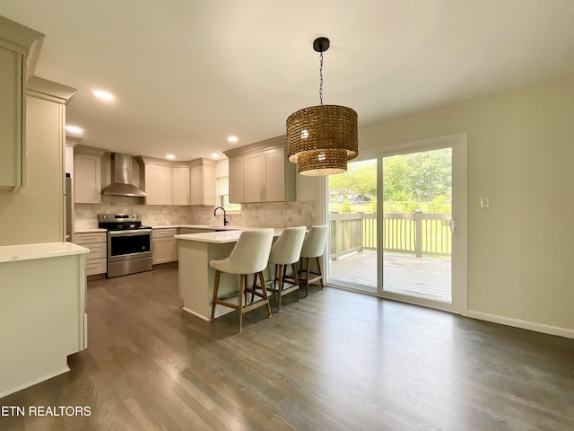 233 Chaho Rd Unit 3, Knoxville, TN 37934 - kitchen with stainless steel electric range, wall chimney exhaust hood, backsplash, light countertops, and a breakfast bar
