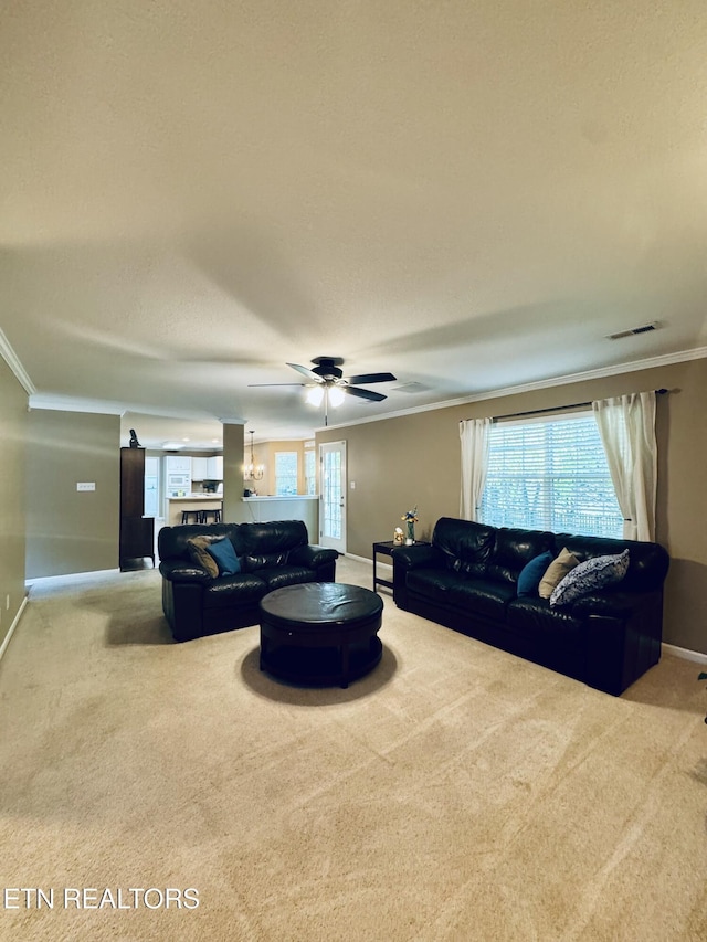 13001 Sanderling Ln, Knoxville, TN 37922 - carpeted living area featuring plenty of natural light, ornamental molding, and ceiling fan