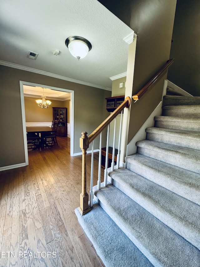 13001 Sanderling Ln, Knoxville, TN 37922 - stairs with a chandelier, hardwood / wood-style flooring, ornamental molding, and a textured ceiling