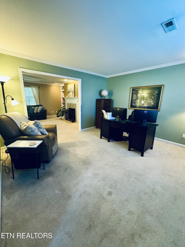 13001 Sanderling Ln, Knoxville, TN 37922 - living area featuring ornamental molding, a desk, carpet, and a fireplace