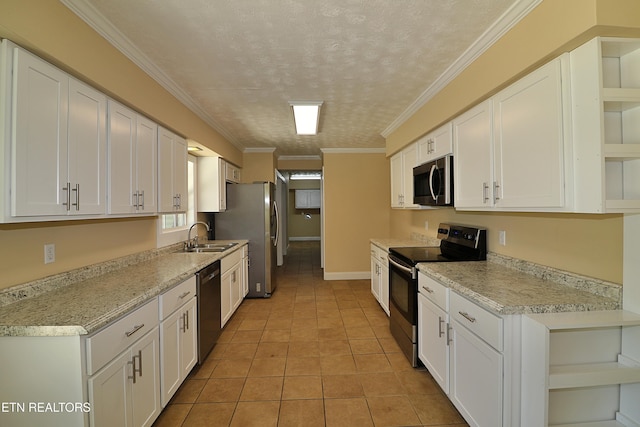 22453 Alberta St, Oneida, TN 37841 - kitchen with appliances with stainless steel finishes, open shelves, white cabinetry, a textured ceiling, and ornamental molding