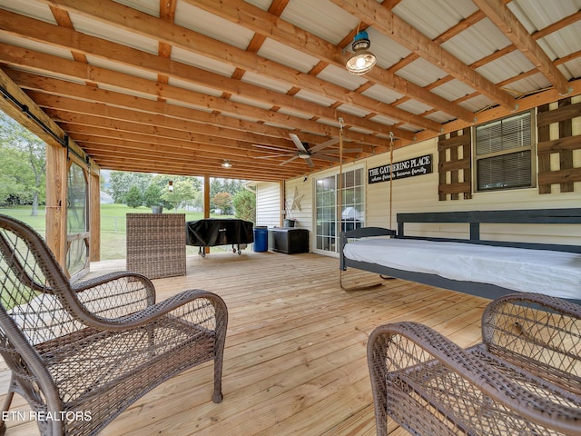 1371 Elijah Martin Rd, Whitesburg, TN 37891 - wooden terrace with ceiling fan and grilling area