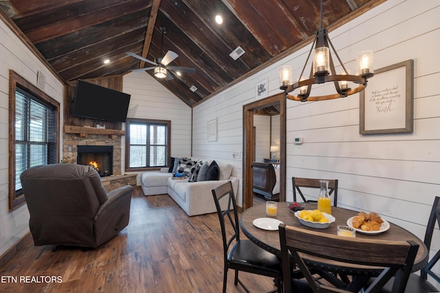 1023 Timberlake Cir, Sevierville, TN 37876 - dining space featuring wooden walls, a chandelier, wood finished floors, wooden ceiling, and vaulted ceiling