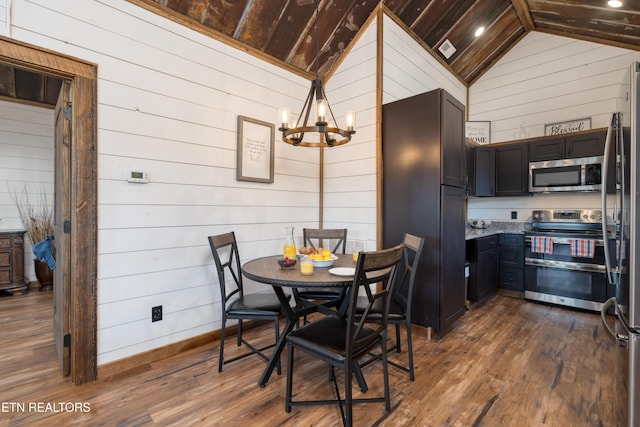 1023 Timberlake Cir, Sevierville, TN 37876 - dining room with wooden walls, vaulted ceiling, dark wood-style floors, a chandelier, and wood ceiling
