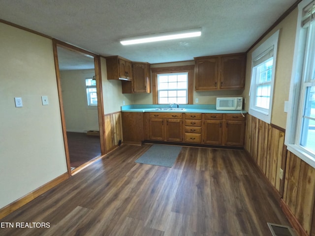 9 Sharp Rd, Athens, TN 37303 - kitchen featuring white microwave, brown cabinetry, dark wood finished floors, a textured ceiling, and light countertops