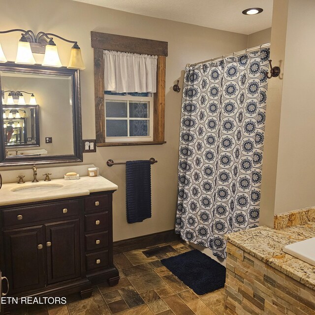 1100 Mill Branch Rd, Huntsville, TN 37756 - bathroom with vanity, stone finish flooring, curtained shower, and a bathtub