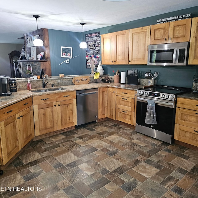 1100 Mill Branch Rd, Huntsville, TN 37756 - kitchen featuring stainless steel appliances, decorative light fixtures, and light stone countertops