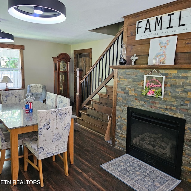 1100 Mill Branch Rd, Huntsville, TN 37756 - dining room with wood finished floors, stairway, and a fireplace