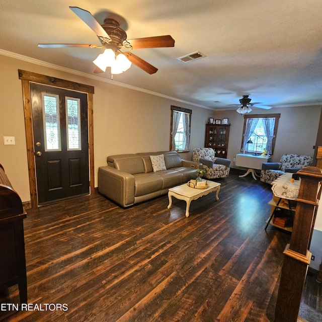 1100 Mill Branch Rd, Huntsville, TN 37756 - living room featuring wood finished floors, a ceiling fan, and ornamental molding
