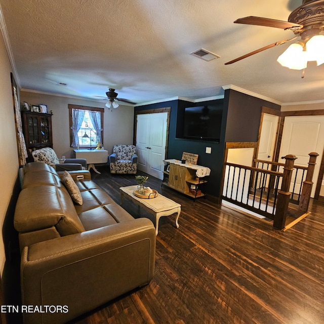 1100 Mill Branch Rd, Huntsville, TN 37756 - living room with ceiling fan, ornamental molding, wood finished floors, and a textured ceiling
