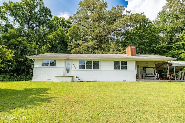 816 Thorn Grove Pike, Strawberry Plains, TN 37871 - ranch-style house featuring a front lawn, a chimney, crawl space, and an attached carport