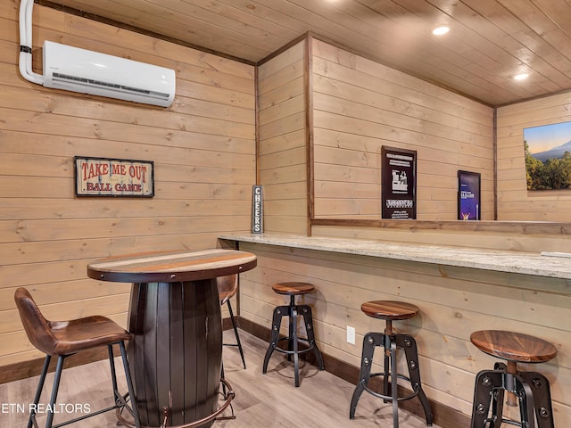 1940 Smoky Cove Rd, Sevierville, TN 37876 - bar featuring a wall mounted air conditioner, wood walls, wood ceiling, light wood-type flooring, and recessed lighting